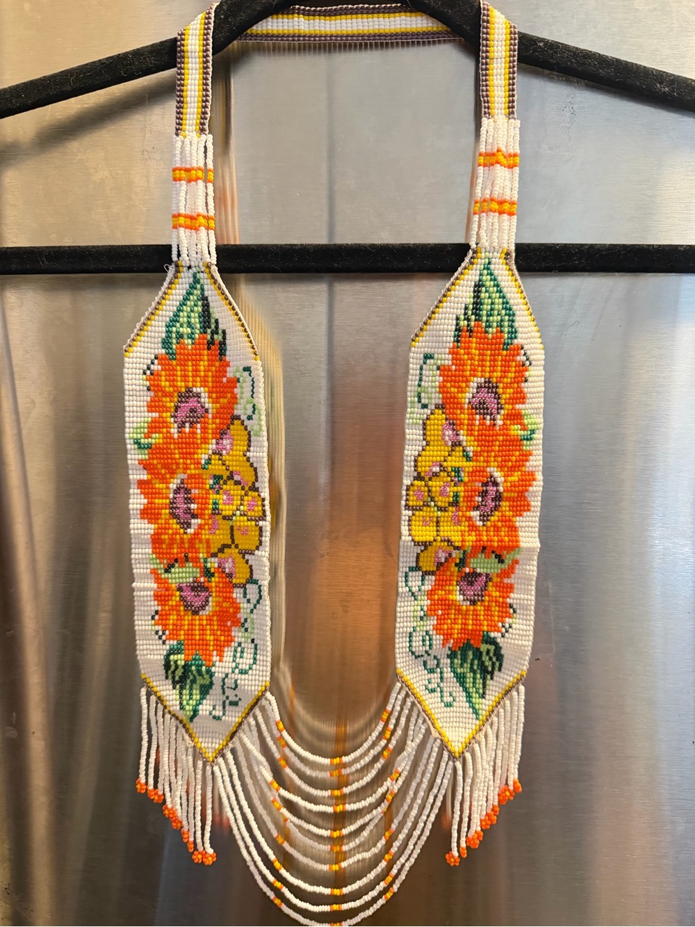 Hand-Beaded Floral Statement Necklace in Orange, Yellow & White with, earrs brac - Picture 1 of 5